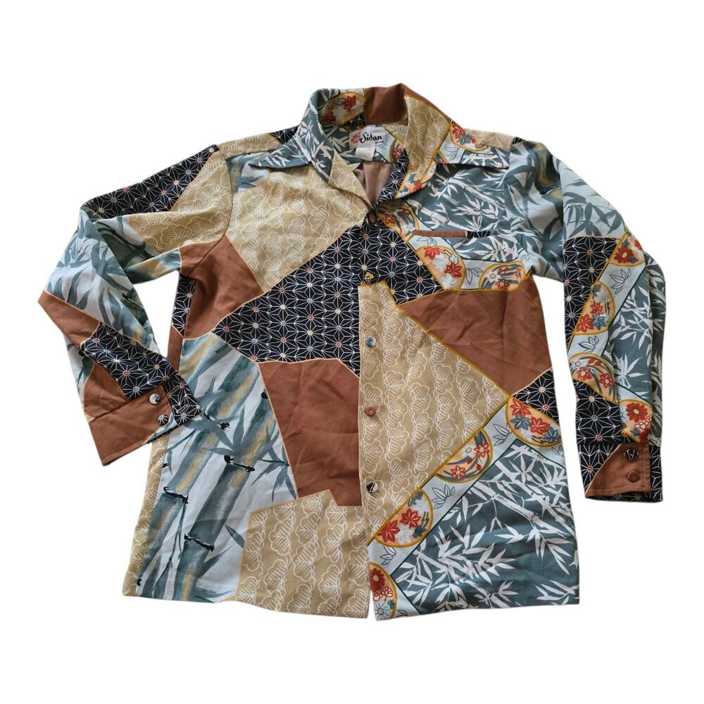 Vintage Sidan Hawaii Shirt SZ M Floral Patchwork Ponte Collar Button Up